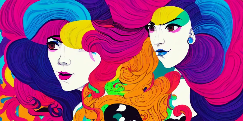 Image similar to a digital painting of a woman with colorful hair, a pop art painting by tomokazu matsuyama, behance contest winner, psychedelic art, psychedelic, 2 d, digital illustration