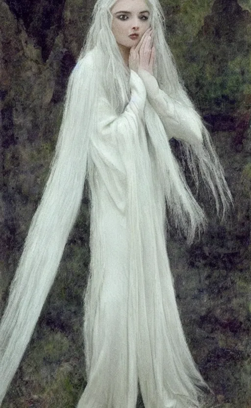 Image similar to say who is this with silver hair so pale and wan! and thin!? female angel, wearing white robes flowing hair, pale fair skin, white dress!! silver hair, covered!!, clothed!! lucien levy - dhurmer, fernand keller, oil on canvas, 1 8 9 6, 4 k resolution, aesthetic!, mystery