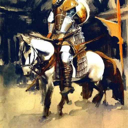 Image similar to portrait of medieval knight on horseback, with jousting gear by greg manchess, bernie fuchs, walter everett, lost edges