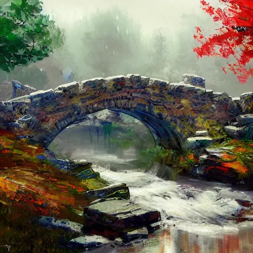 Prompt: acrylic painting, impressionism and expressionism, bold colors, expressive brushstrokes. a stone bridge over a river in riverwood, skyrim. raining. wide - angle shot. overcast. springtime. fantasy art by wadim kashin, cgsociety, nature art