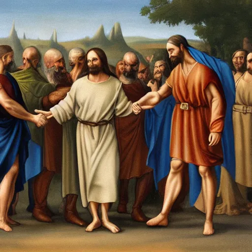 Prompt: hitler handshakes jesus hd, realistic, by da vinci