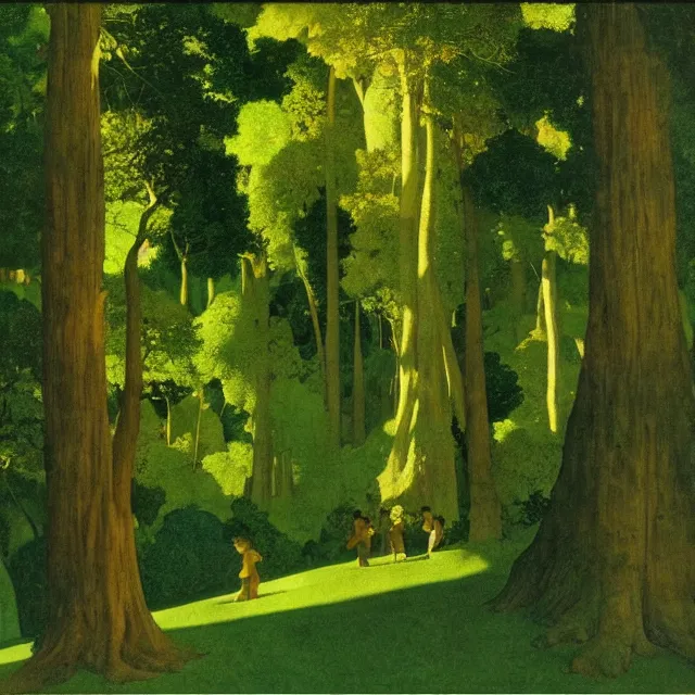 Prompt: spirits in procession in a green forest ( maxfield parrish )