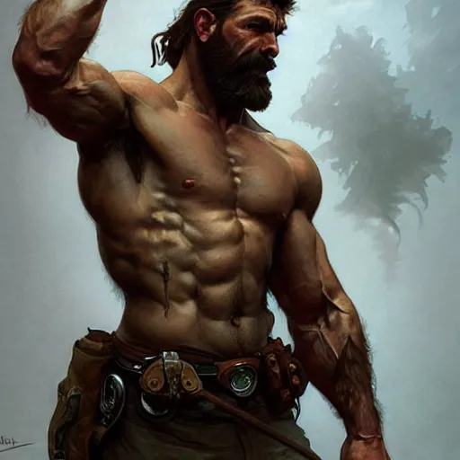 Image similar to portrait of a rugged ranger, muscular, upper body, hairy torso, D&D, fantasy, intricate, elegant, highly detailed, digital painting, artstation, concept art, matte, sharp focus, illustration, art by Artgerm and Greg Rutkowski and Alphonse Mucha