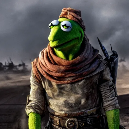 Image similar to kermit as a warlord in madmax fury road, 4 k, high detail, high - resolution photograph, professional photography, ultra - detail