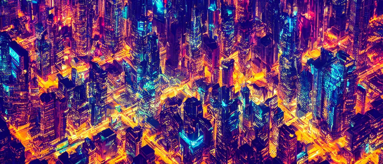 Prompt: photograph of enormous futuristic city, nighttime, aerial view, style of blade runner, cyberpunk, glowing multicolored neon, futuristic megastructures, award winning photo