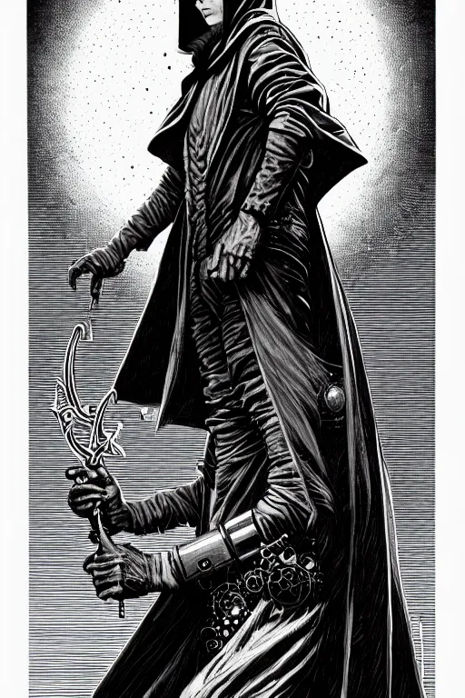 Image similar to side view of a cloaked ancient alchemist steampunk wizard holding a wand, high details, lineart, by vincent di fate and joe fenton,, inking, screen print, masterpiece, trending on artstation, sharp, high contrast, hyper - detailed, hd, 4 k, 8 k
