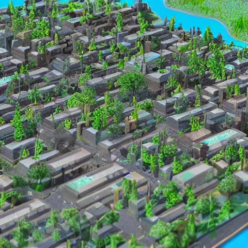 Prompt: a city built on a macbook keyboard, microworld, with trees and a civilization