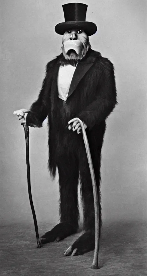 Prompt: a vintage portrait of a dignified bigfoot wearing a top hat and carrying a cane