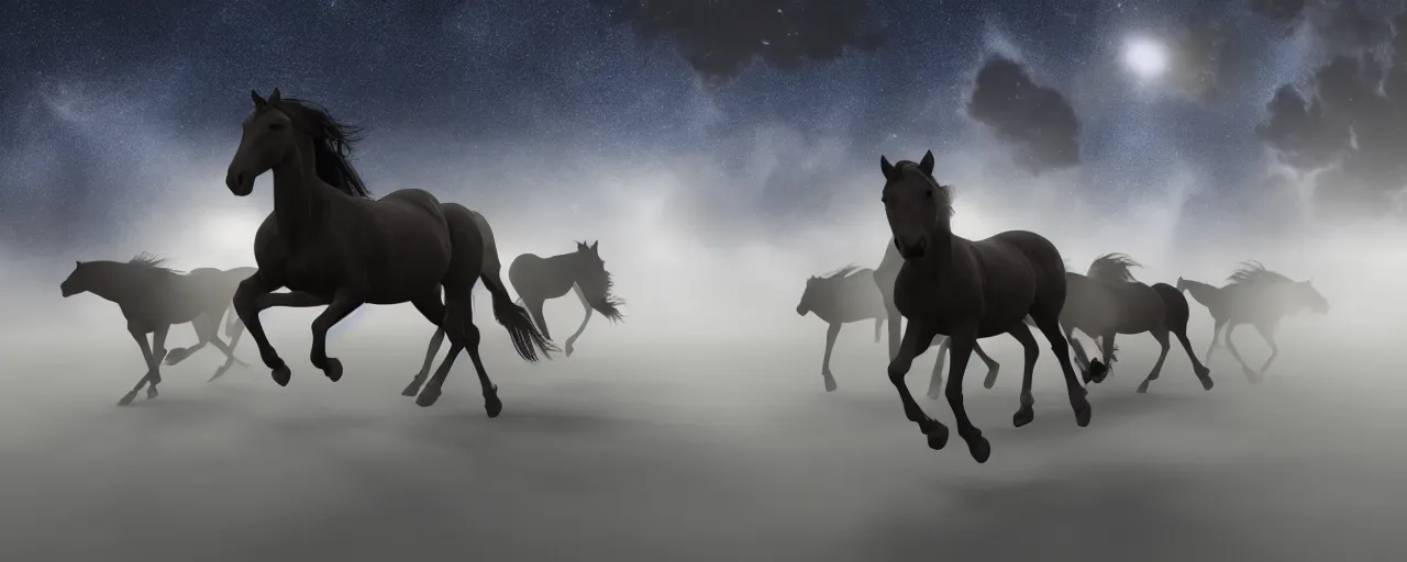 Image similar to hundreds of stampeding wild horses running through a galaxy, volumetric lighting,