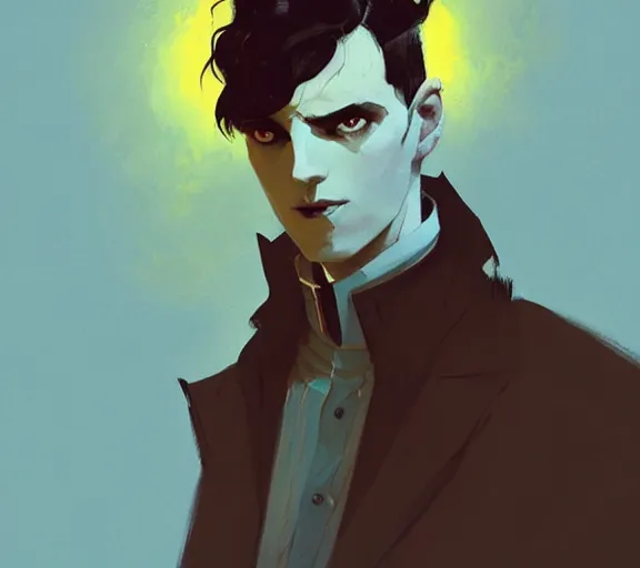 Prompt: portrait victorian man with black hair and yellow eyes, by atey ghailan, by greg rutkowski, by greg tocchini, by james gilleard, by joe fenton, by kaethe butcher, by ashley wood, dynamic lighting, gradient light blue, brown, blonde cream and white color scheme, grunge aesthetic