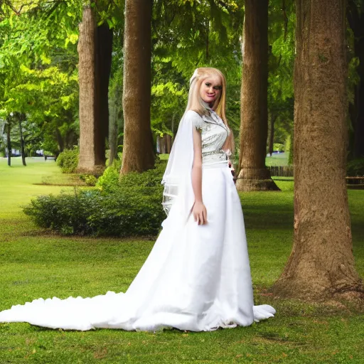 Image similar to a symmetric and beautiful face, professional full length high definition photo of a young blonde woman with twin tails and wedding dress posing in a park