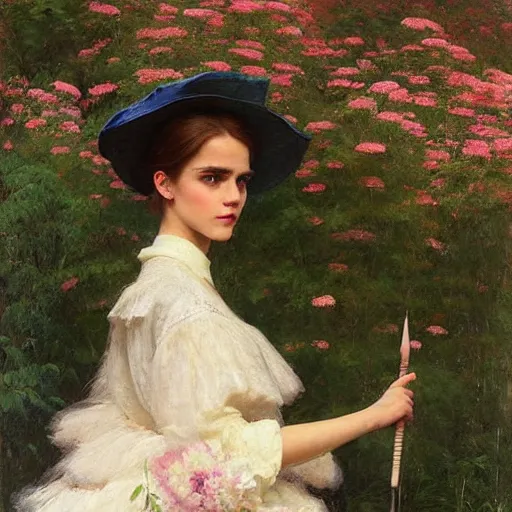 Prompt: thick paint brush strokes full body fashion model emma watson by Jeremy Lipking by Hasui Kawase by Richard Schmid (((smokey eyes makeup eye shadow fantasy, glow, shimmer as victorian woman in a long white frilly lace dress and a large white hat having tea in a sunroom filled with flowers, roses and lush fern flowers ,intricate, night, highly detailed, dramatic lighting))) , high quality