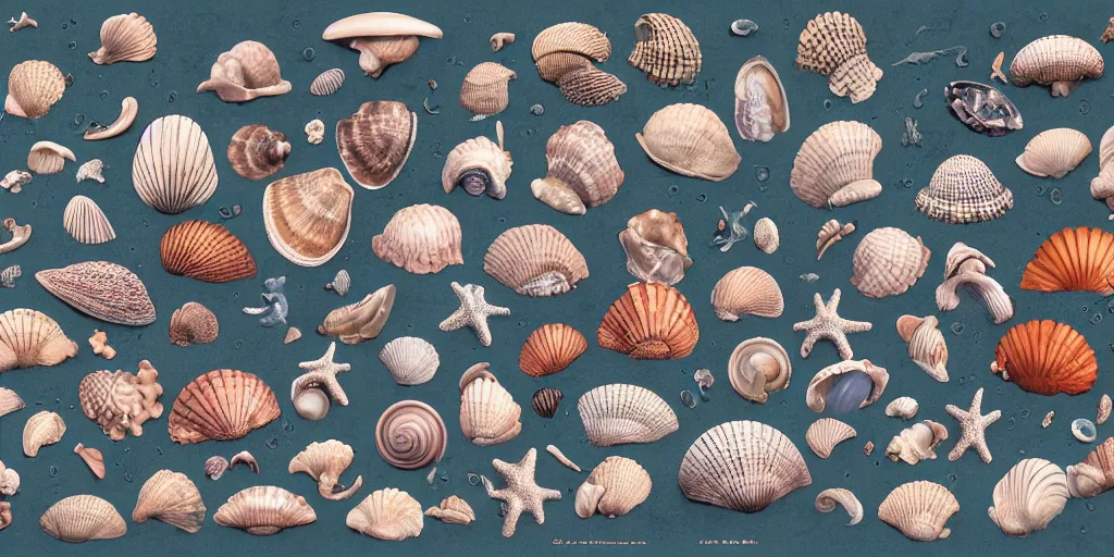 Prompt: full color page scan of various vintage sea shells illustrations on black background, in matte painting, 2 d, kitbash, 4 k