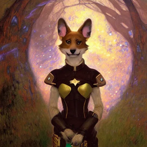 Image similar to a portrait of a female dog dogwoman canine in starfleet uniform at night in a dark forest. zootopia fursona furaffinity furry art detailed face painting by gaston bussiere craig mullins jc leyendecker gustav klimt artgerm greg rutkowski furry