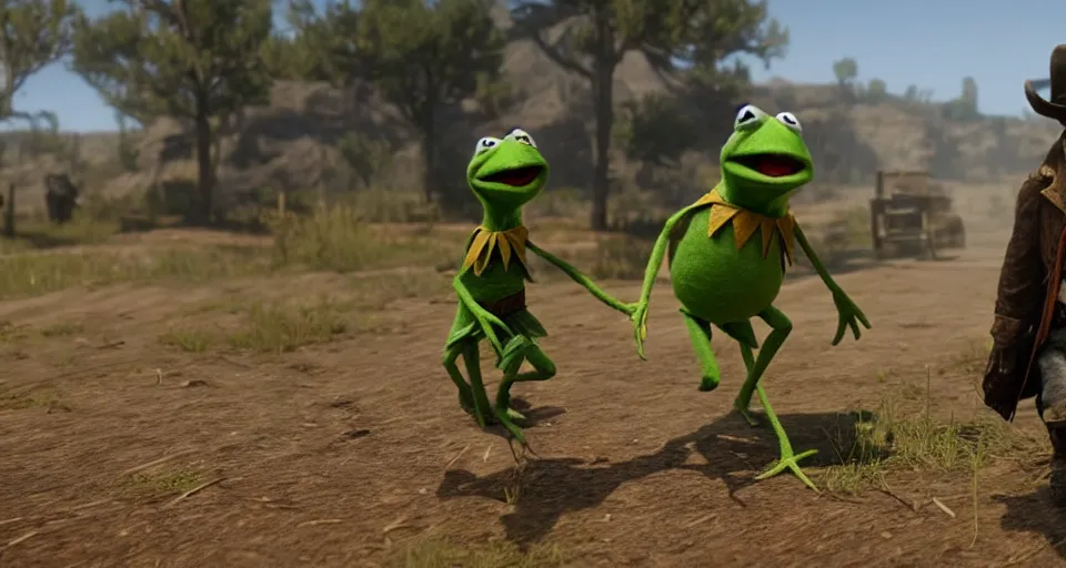 Image similar to Screenshot of Kermit the Frog as a 3d cowboy in the videogame 'Red Dead Redemption 2'. Sharpened. 1080p. High-res. Ultra graphical settings.