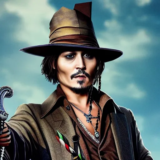 Image similar to johnny depp!!!! holding a sword, photorealistic, 4 k, 8 k