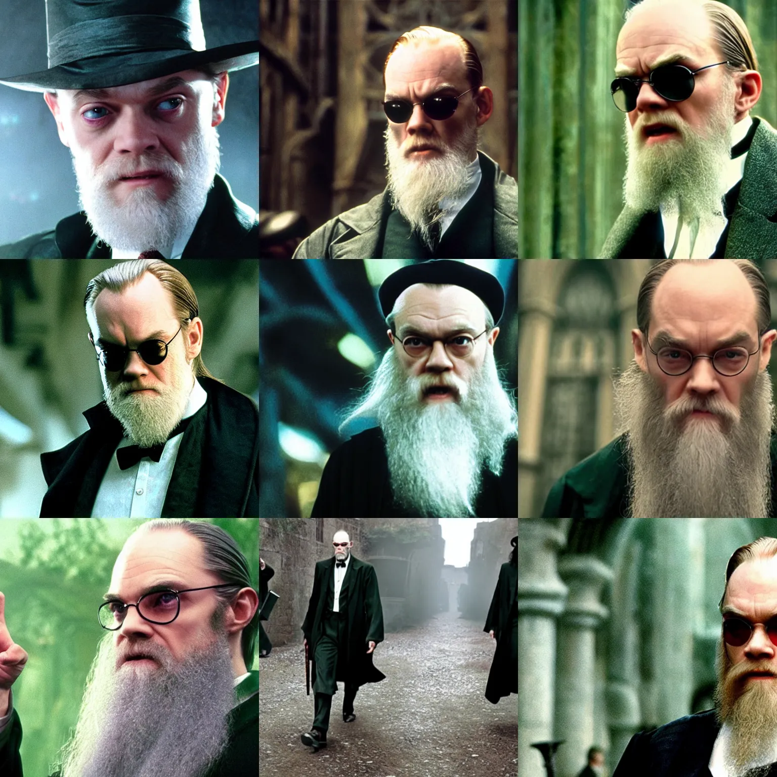 Prompt: a still of Albus Dumbledore as agent smith from the matrix