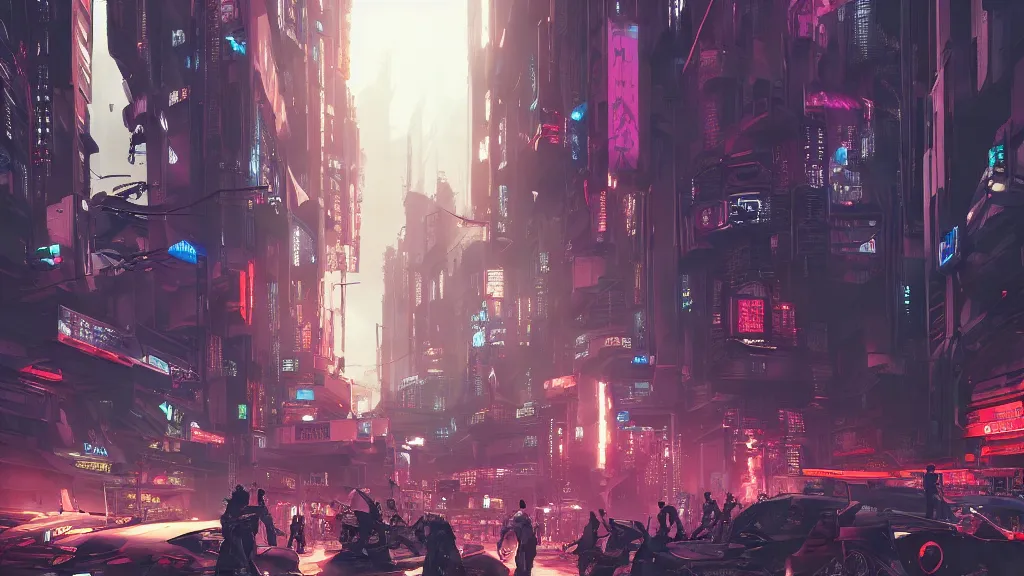 Prompt: cyberpunk city street with many people and robots of different heights, tokyo, volumetric lighting, fight happening, trending artstation, unreal engine 5, matte painting, atmospheric perspective, huge depth of field, by syd mead, dreadjim, fengzhu