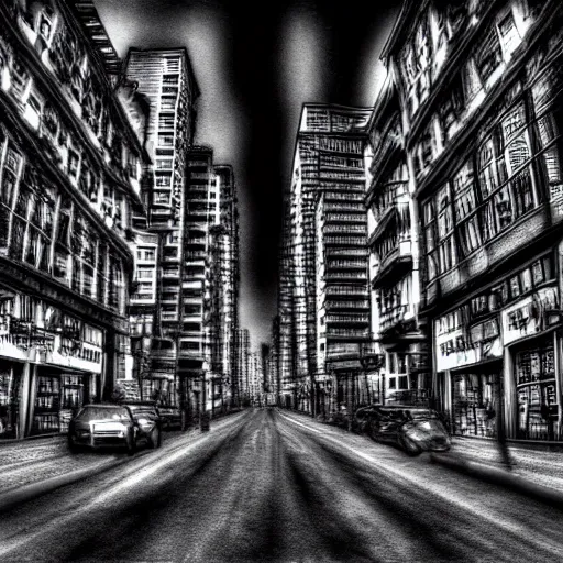 Prompt: black and white photo of street city, deep dream