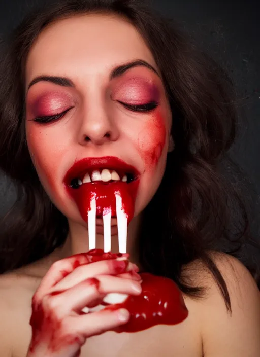 Prompt: vampire with ketchup as lipstick, covered with ketchup, flowing, dripping