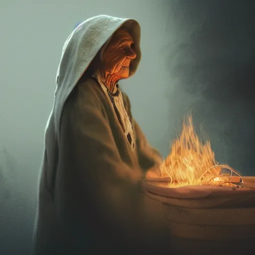 Prompt: a film still of an elderly woman wearing a hood and robe of multiple layers of drab colored torn linen, she’s wearing a necklace made of string and cable with golden rings and coins intertwined, lit by campfire, smoky, haze, film grain, cinematic moody, artstation, concept art, filmic