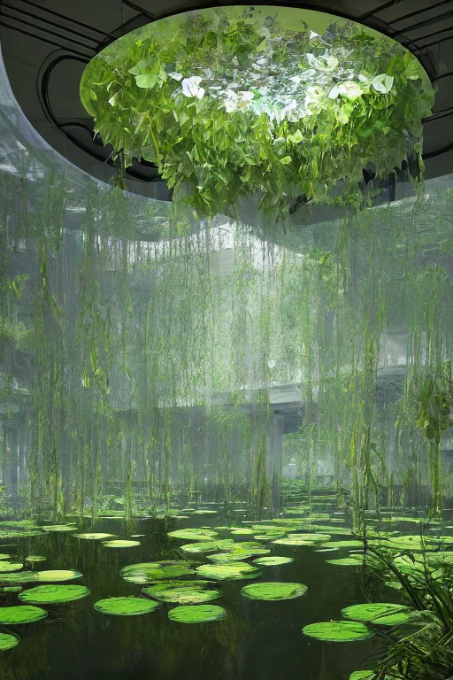 Image similar to A beautiful overgrown office interior flooded with crystal clear water, lily pads, thick and rich vines on the walls, tall ceiling, digital art, trending on Artstation