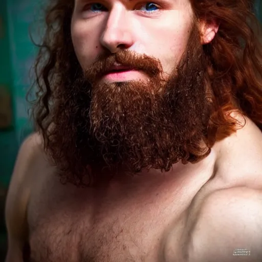 Prompt: soulful russian man with long wavy red hair, innocent green eyes, short goatee, and powerful muscles. wholesome, tender, kind!