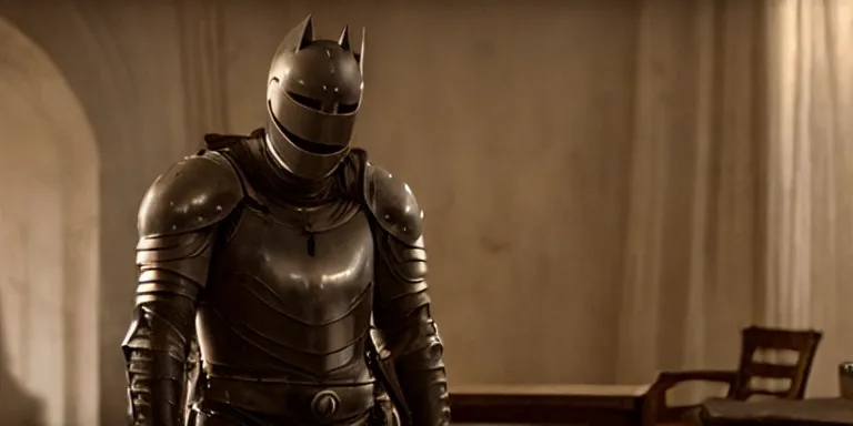 Image similar to still frame from a movie, wide shot of an relieved ben affleck in a 15th century knight suit, centerframe, medieval background, rule of third, alexa 65, cooke prime 25mm, cinematic, film grain, flare