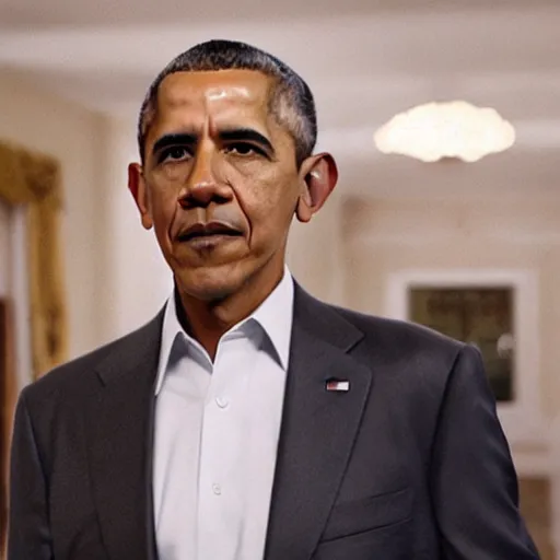 Image similar to Movie still of Barack Obama in a tan suit