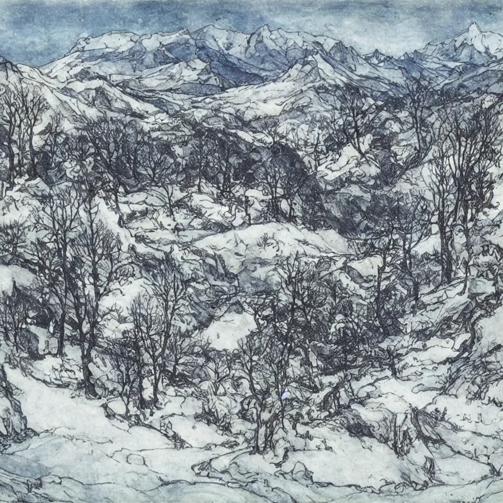 Prompt: Alps landscape in winter, by Arthur Rackham