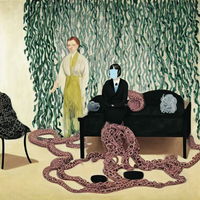 Prompt: a female pathology student in her apartment, wrapped in vines, medical equipment, stepping stones, octopus, fur seal, black walls, ikebana, black armchair, sculpture, acrylic on canvas, surrealist, by magritte and monet