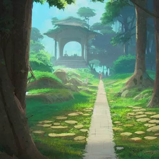 Image similar to concept art by sylvain sarrailh of an stone path leading to an abandonned asian temple, asiatic forest, studio ghibli