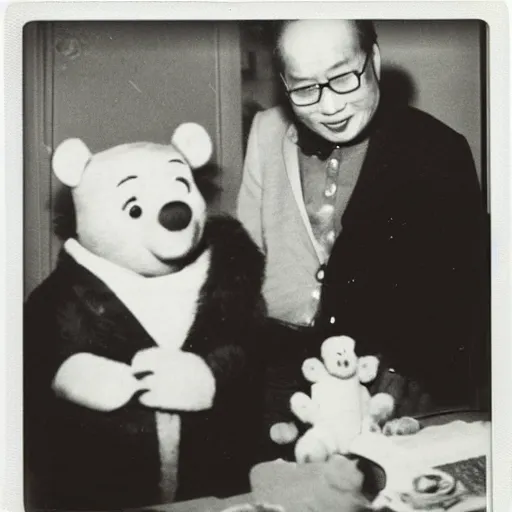 Prompt: polaroid photograph and ccp president xi jing ping pictured with winnie the pooh