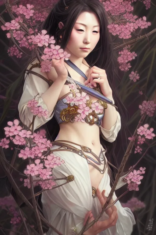 Image similar to Portrait of japanese gyaru, D&D, dark fantasy, sakura blooming on background, intricate, elegant, highly detailed, digital painting, artstation, concept art, smooth, sharp focus, illustration, art by artgerm and greg rutkowski and alphonse mucha