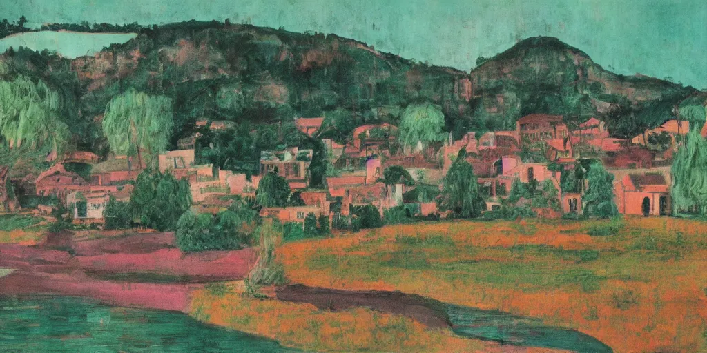 Prompt: beautiful village by the river landscape styled by peter doig