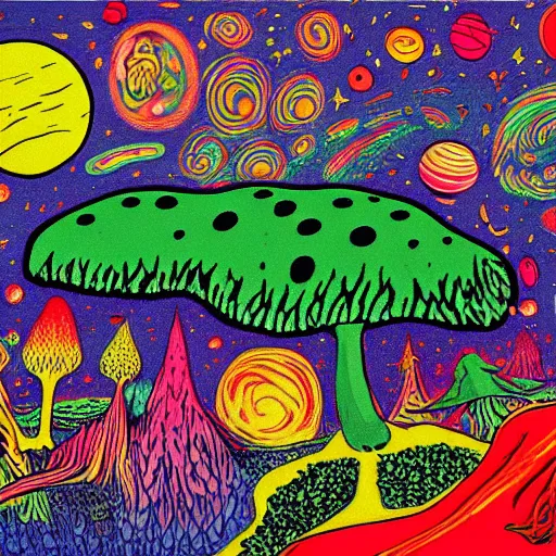 Prompt: psychedelic trippy couch pine forest with woodland critters planets milky way sofa cartoon by dr. seuss