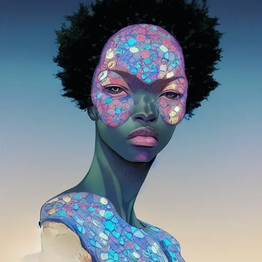 Image similar to citizen portrait afrofuturism soft light painted by james jean and katsuhiro otomo and erik jones, inspired by appleseed anime, smooth face feature, intricate oil painting, high detail illustration, sharp high detail, manga and anime 1 9 9 9