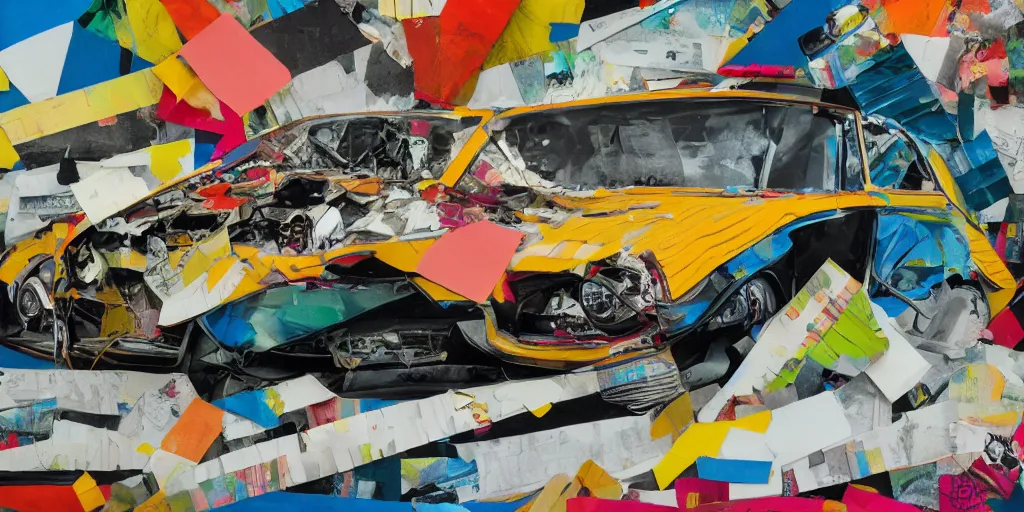 Prompt: lowrider crash test, collage paper and tape, acrylic on canvas, hyperrealism mixed with expressionism, high resolution, cinematic, unreal 6 breathtaking detailed, by blake neubert, by matt sesow