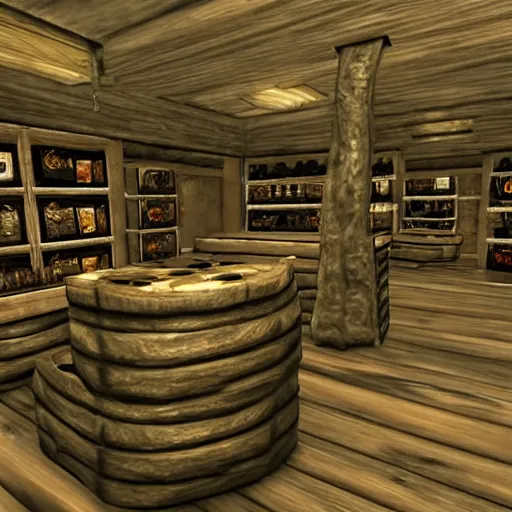 Prompt: iphone reseller store in the middle of whiterun, 3 dgc, wide shot, skyrim, oblivion, pc game, gameplay screenshot