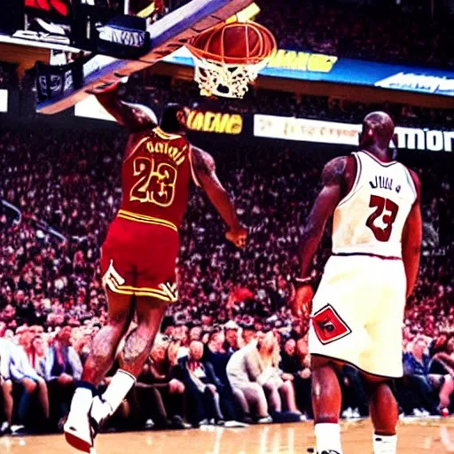 Prompt: professional nba photograph of lebron james dunking on michael jordan, award - winning photograph, highly detailed, dramatic posing, 8 k quality, high quality