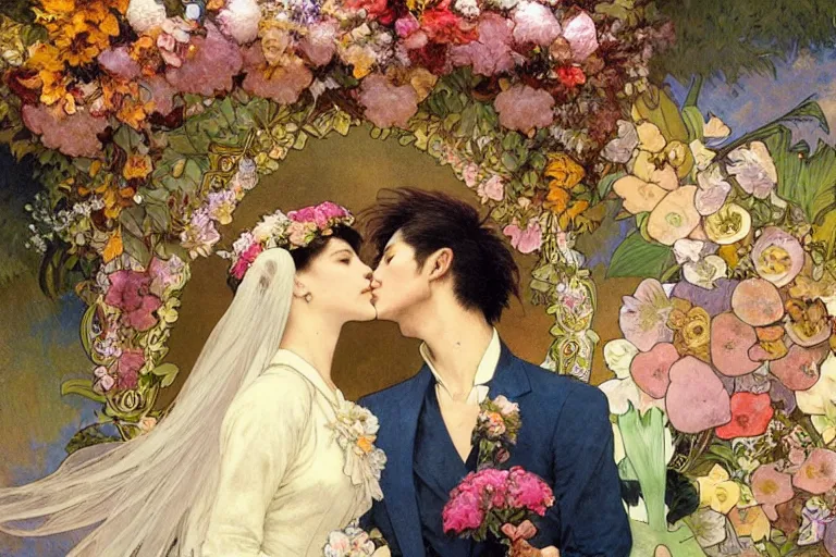 Image similar to the groom kisses the bride at a wedding full of flowers, bright and happy, dreamlike art, highly detail, 4 k realistic, wedding photoy krenz cushart. artem demura. alphonse mucha. yoji shinkawa artgerm. jon lothian. danilo torres. adi meyers. thomas reimann. gaston bussiere.