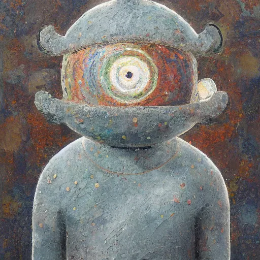 Image similar to a detailed impasto painting by shaun tan and colin frangicetto of an abstract forgotten sculpture by the caretaker and ivan seal