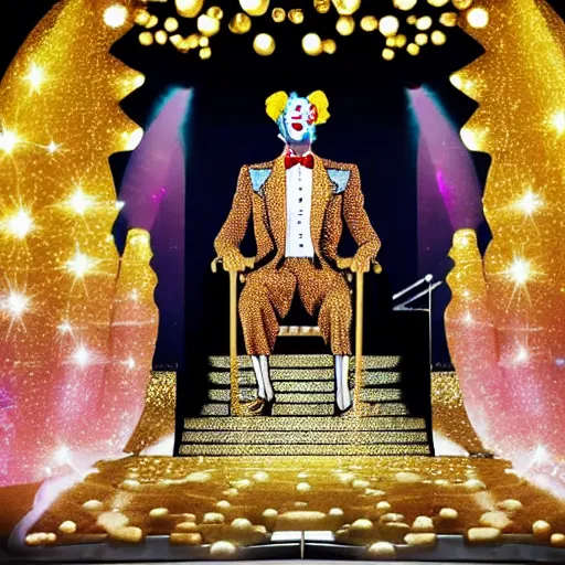 Image similar to shining giant throne made of millions of diamonds, gold and zaphires with thousands of light reflections, and a clown on a tuxedo suit is sitting on the throne while handing a golden balloon, dramatic light