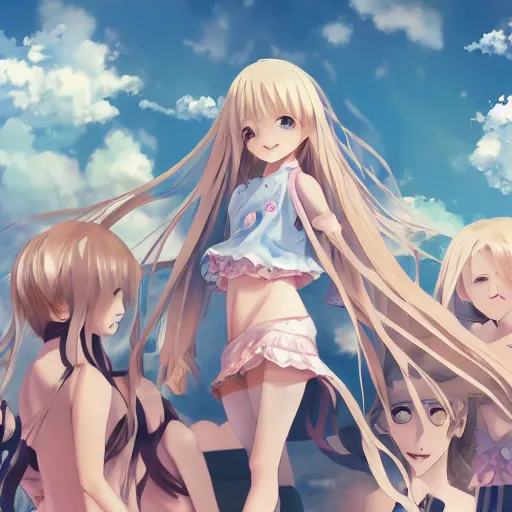 Image similar to a very beautiful anime girl, full body, long wavy blond hair, sky blue eyes, full round face, short smile, cute top, miniskirt, surround by a miniature crowd of people,wallpaper by wlop