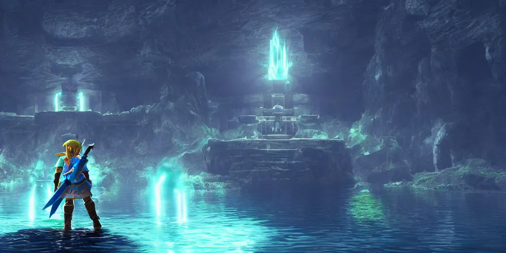 Prompt: legend of zelda water temple, dimly lit, blue torches on the walls, ray - tracing, water reflections, unreal engine, 4 k, cool color tone, desktop wallpaper