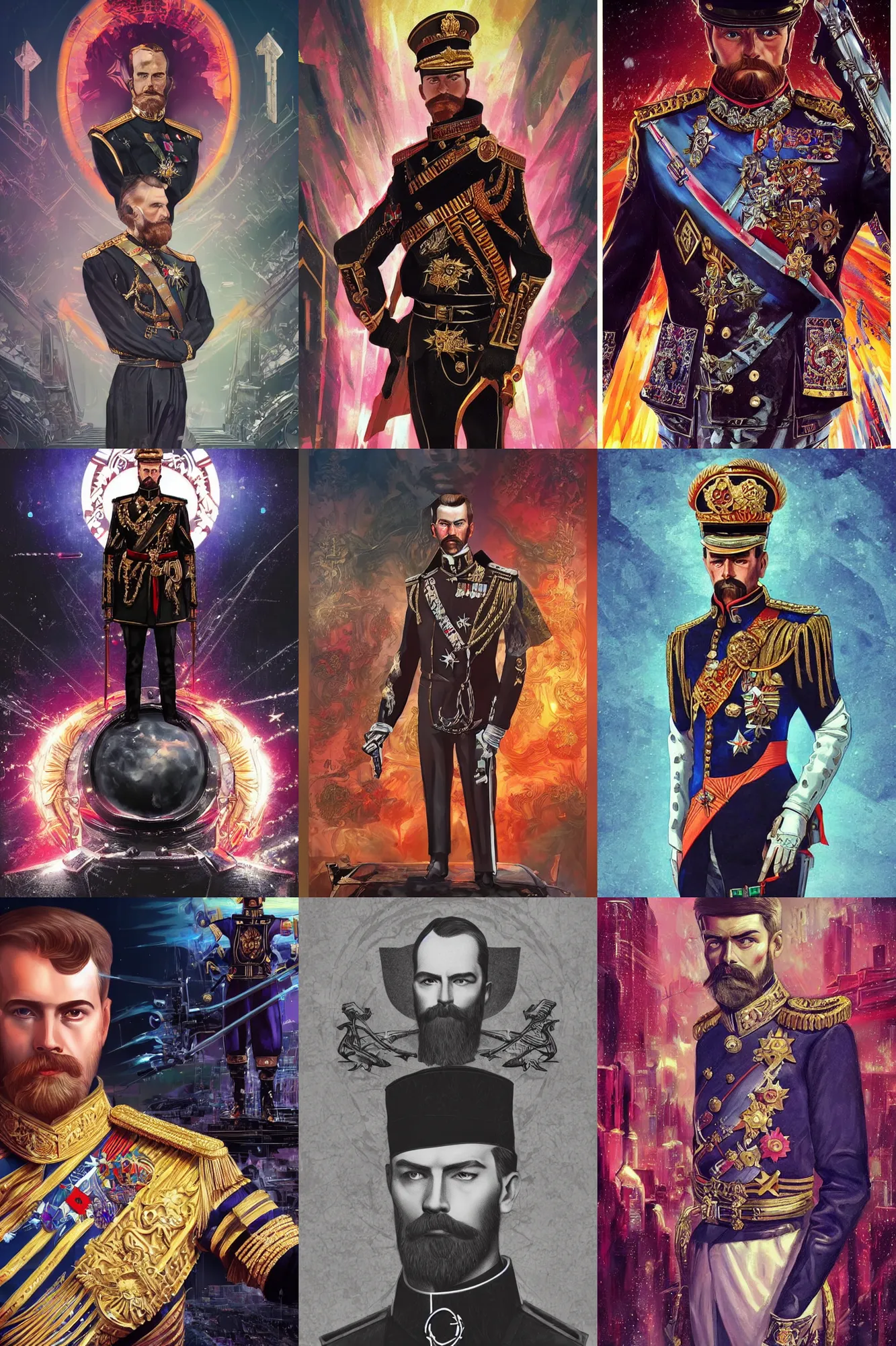 Prompt: Nicholas II of Russia, cyberpunk, synthwave, ornate, digital art, illustration, artstation, youtube, full body, black sun halo, in style of synthwave, warhammer