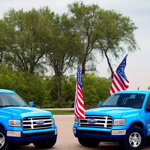 Image similar to photo of big blue biden pickup trucks with american flags on them.