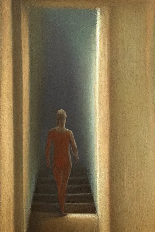 Prompt: A oil on canvas painting of a figure walking up the stairs into a mysterious room with a mysterious light, pastel colours, depth of field, dreamy, uplifting,