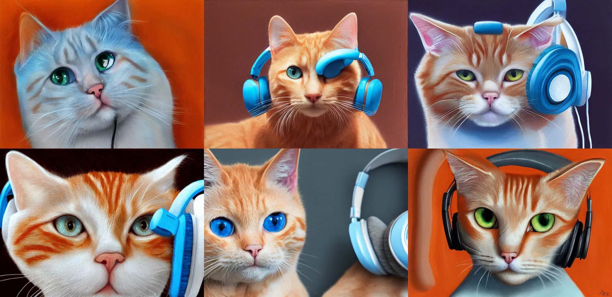 Prompt: a cute orange tabby cat with light blue eyes wearing headphones on, by aaron blaise