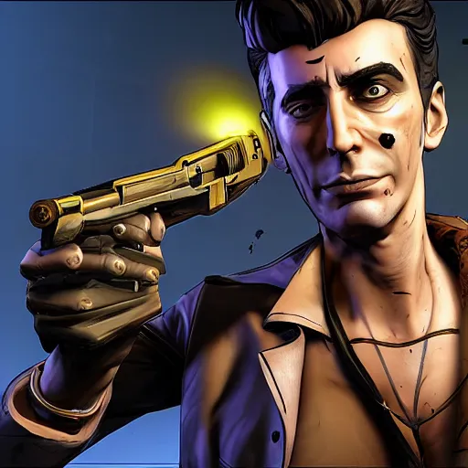 Image similar to 8K Portrait, medium shot, sadistic godlike Handsome Jack with a shotgun in his hands, from the Borderlands series, Pandora Vault in the background , post-processing , photorealistic, digital painting, award winning, superb resolution, in the art style of Karen Mead, Hyper realistic, 3D Portrait, octane render, arnorld render, DAZ, PBR, path tracing, volumetric lighting, attention to detail, polished, high resolution, 3-point perspective, unreal engine 5, IMAX quality, cinematic, intricate, dramatic, symmetrical